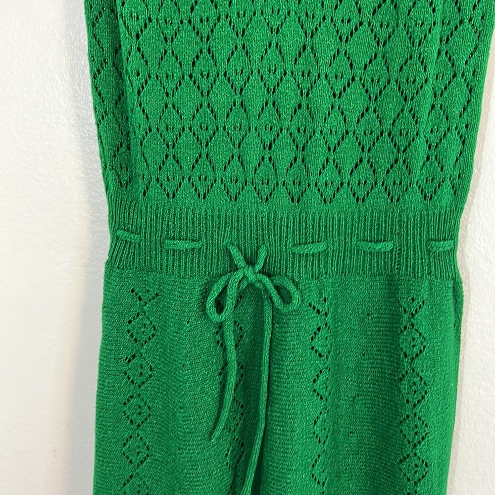 Vintage green knit A line dress ties at shoulder sundress midi feminine - Picture 4 of 14